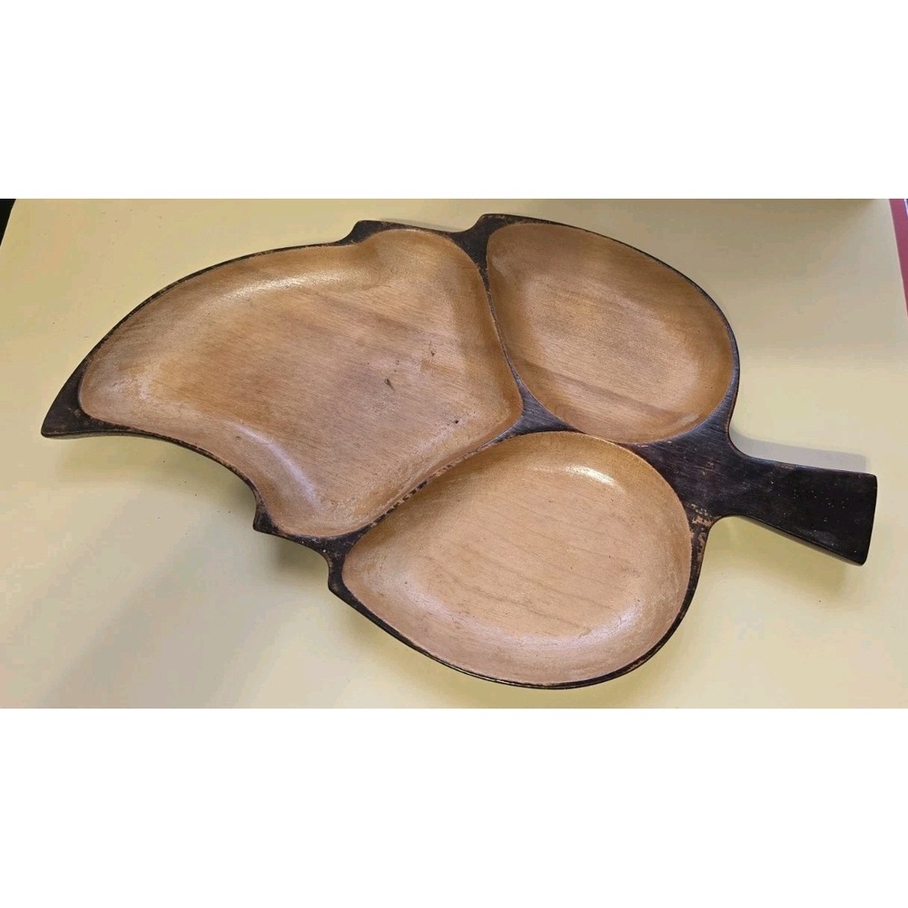 Mid Century Modern Hand Carved Mahogany Wood Wood Leaf Serving Tray 3...